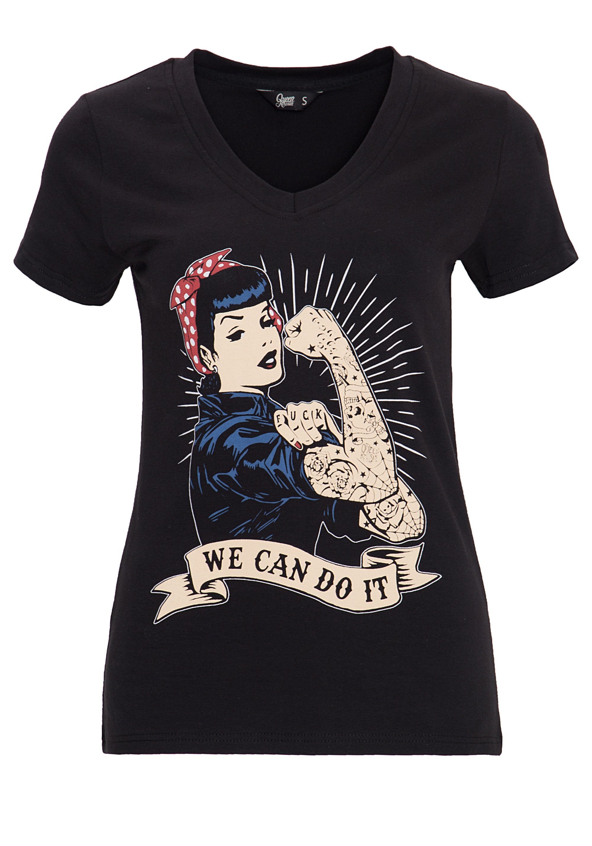 QueenKerosin Kurzarmshirt We can do it mit großem Vintage Druck vorne