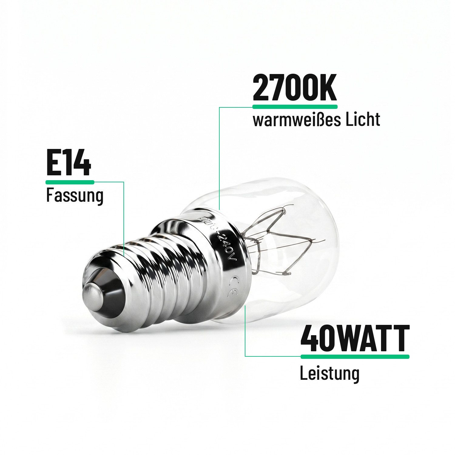 greate. Spezialleuchtmittel 2er Pack E14 Backofenlampe 40W 300 Grad hitzebeständig - Glühbirne, 2 St., warmweiß, warmweiß – Bild 5 von 5