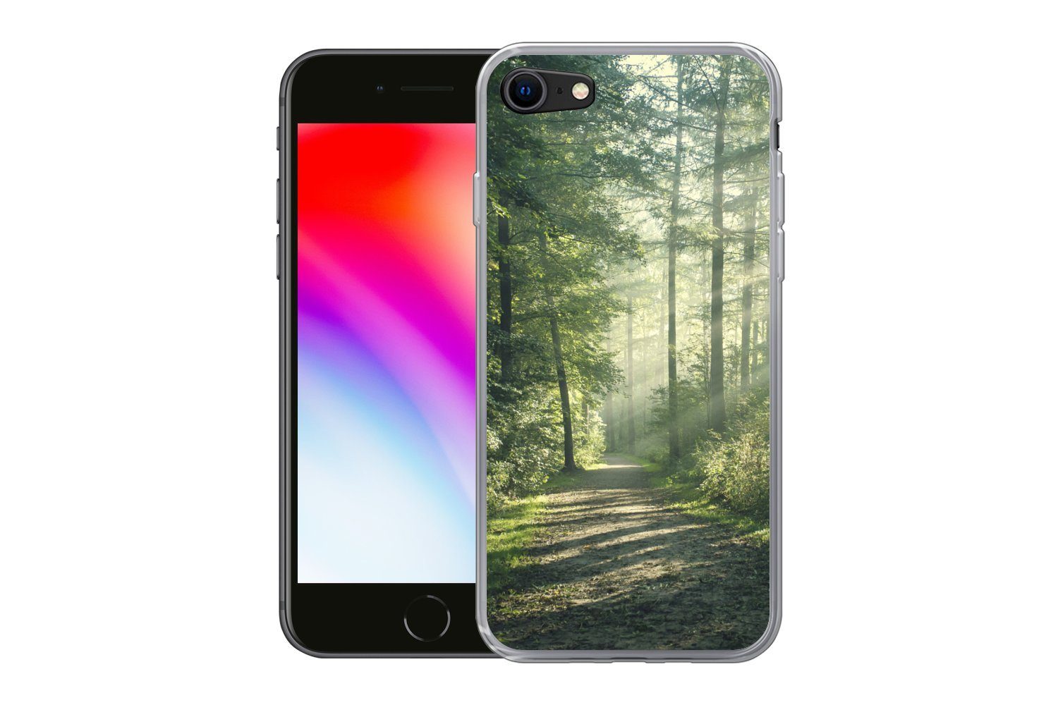 MuchoWow Handyhülle für Apple iPhone 8 Wald - Weg - Sonne - Bäume - Grün - Natur, Smartphone-Bumper, Print, Handy Schutzhülle Dünn