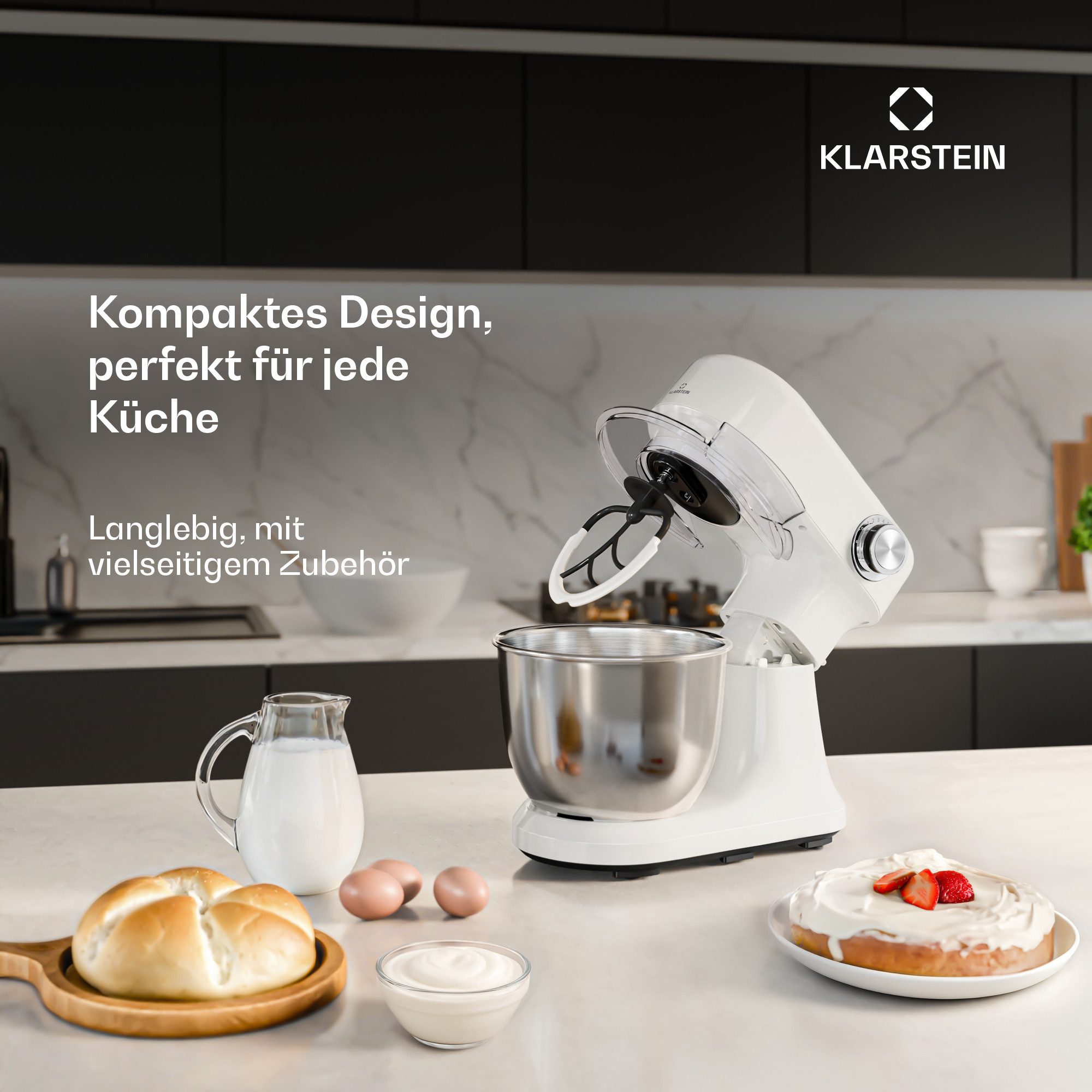 Klarstein Küchenmaschine mit Kochfunktion, 1500 W, 5 l Schüssel, Kompakt Küche maschine 5 L 12 Stufe Pulsfunktion 1500 W Weiss