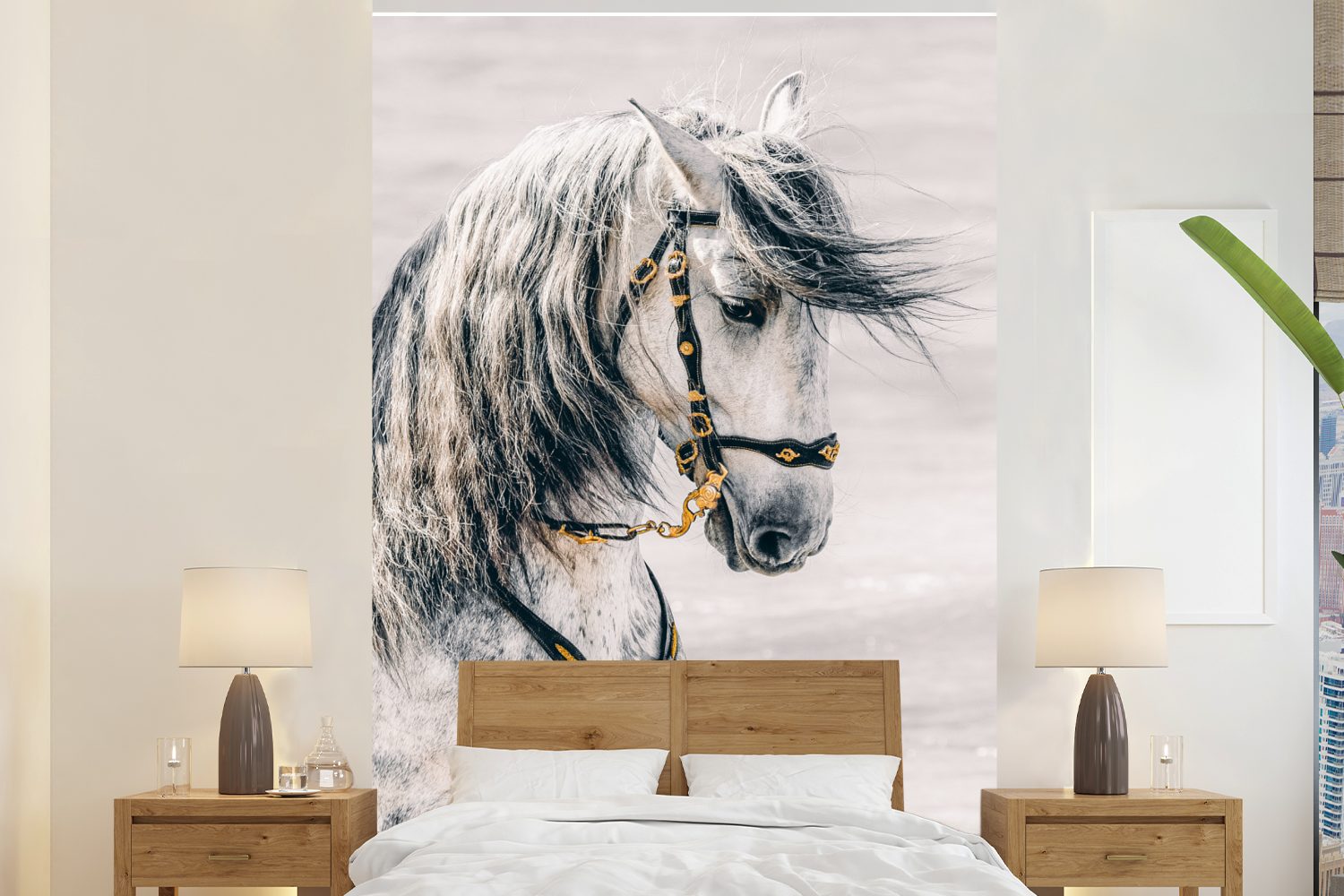 - Montagefertig Wandtapete Pferd Wohnzimmer, MuchoWow (3 Halfter, für Vinyl bedruckt, Fototapete - Matt, Tapete St), Gold