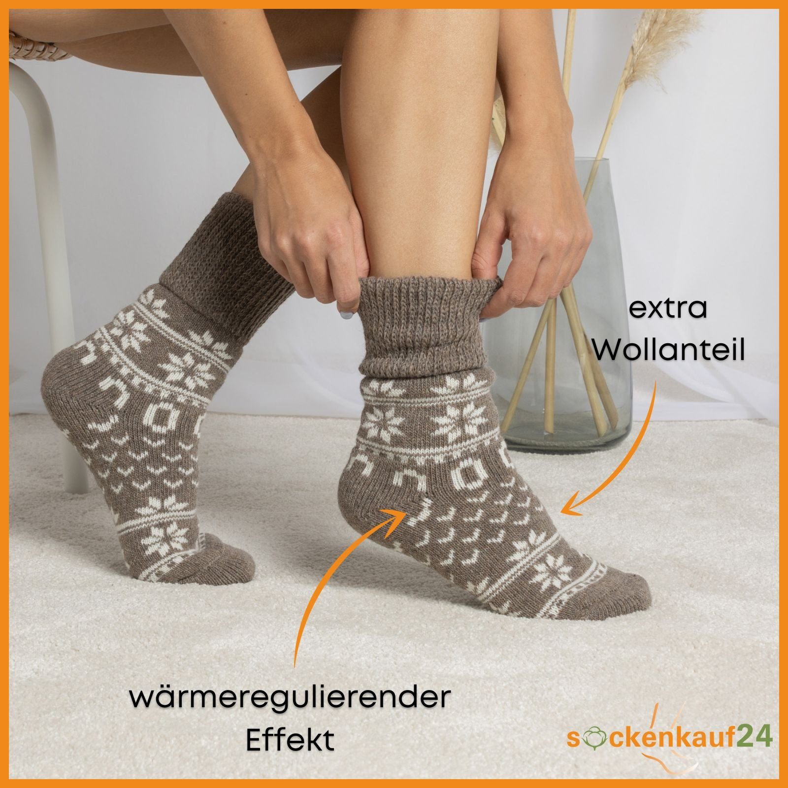 sockenkauf24 Norwegersocken 2 Paar Wintersocken Damen & Herren Kuschelsocken warme Wollsocken (WEISS-BRAUN, 35-38) Haussocken - 21212 WP