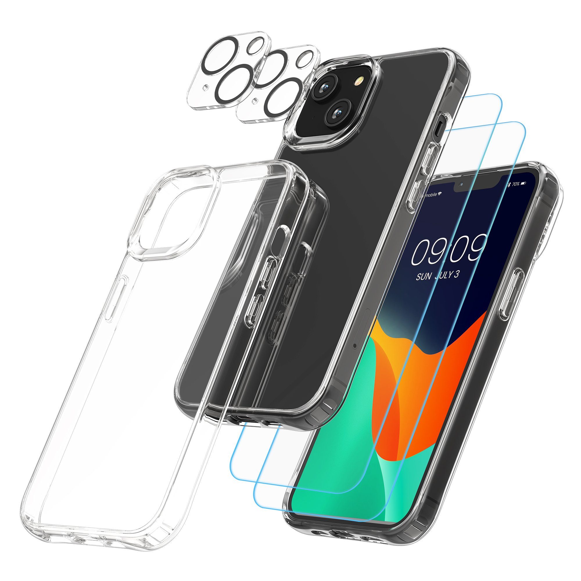 kwmobile Handyhülle 5in1 Set Handyhülle für Apple iPhone 14 Hülle, 1x stoßsichere Schutzhülle 2x Schutzglas Display 2x Kamerschutz Glas