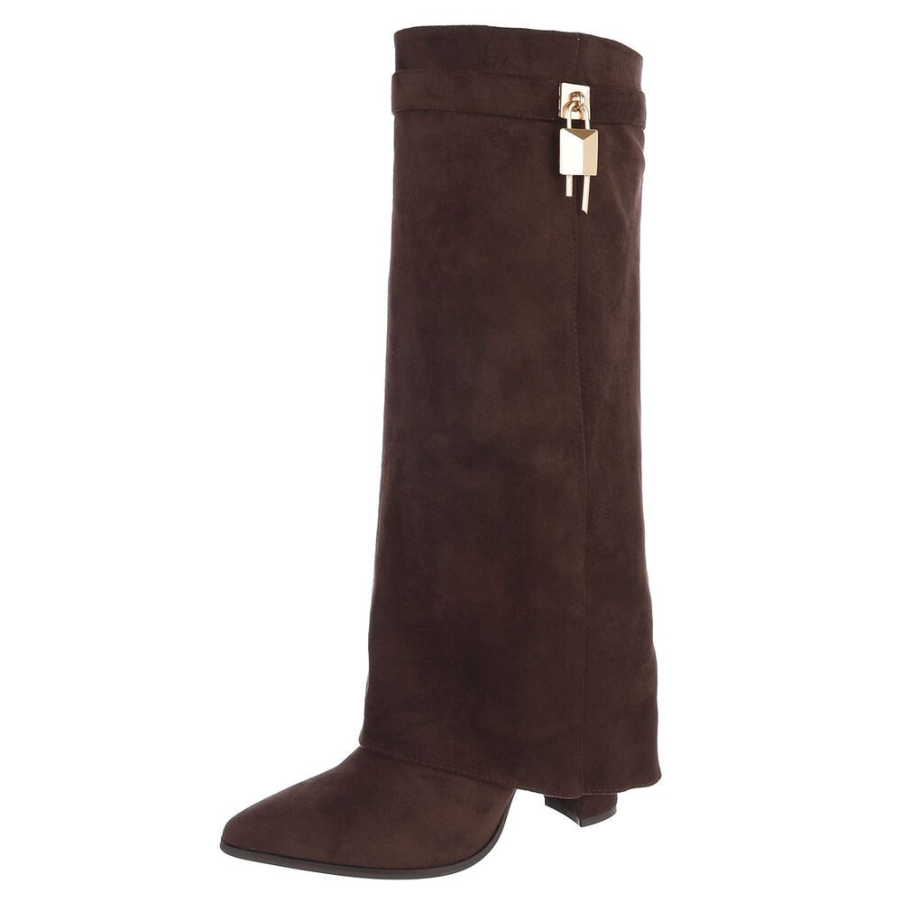 Ital-Design Damen kniehohe Stiefel mit Schloss-Detail und Blockabsatz High-Heel-Stiefel (92125438) Blockabsatz Stiefel in Braun