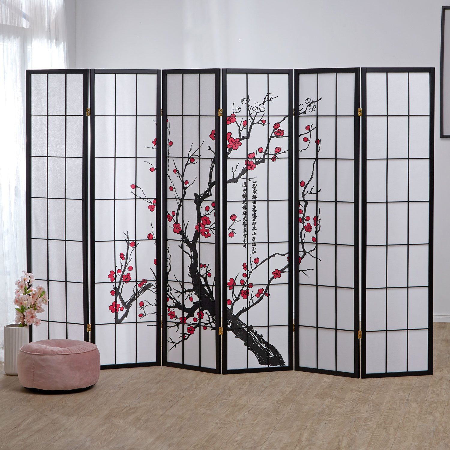 Homestyle4u Paravent Raumteiler Shoji Kirschblüten Muster Sichtschutz Schwarz Indoor Holz (6-teilig), Motiv, faltbar