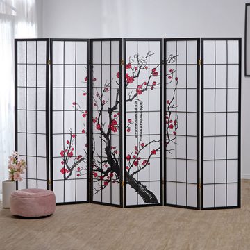 Homestyle4u Paravent Raumteiler Kirschblüten Sichtschutz Schwarz Holz Indoor faltbar, 6-teilig