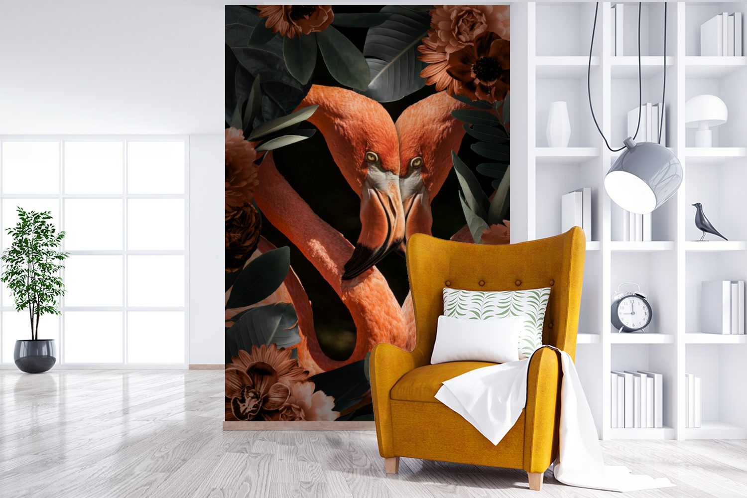 MuchoWow Fototapete Flamingo - Blätter - (3 für Montagefertig Tapete Wohnzimmer, Vinyl St), Blumen, bedruckt, Matt, Wandtapete