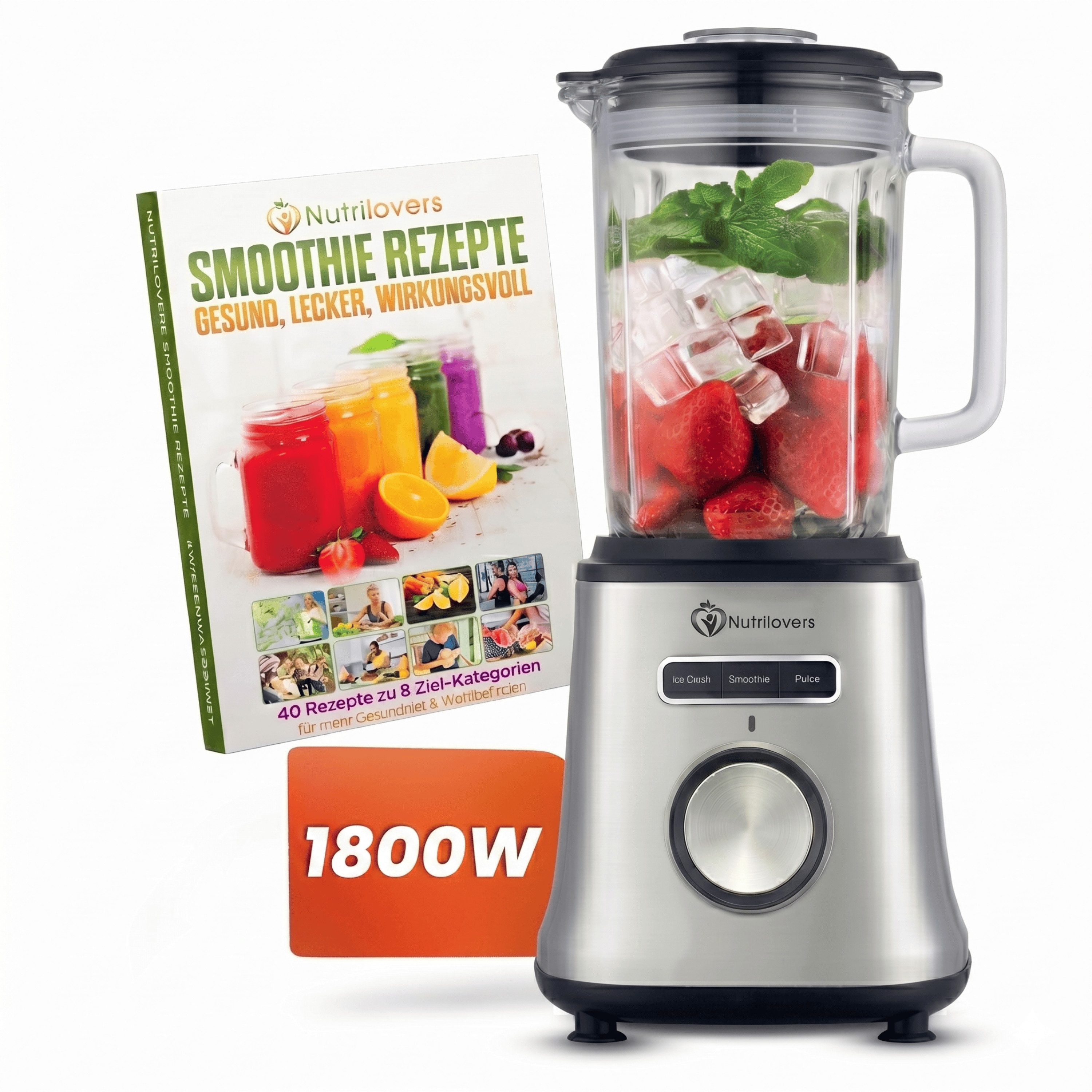 Nutrilovers Standmixer Standmixer NUTRI-BLENDER GLAS+ Hochleistungsmixer Glasbehälter 1800W, 1800 W, Standmixer mit hitzebeständigem 1,8-l-Glasbehälter