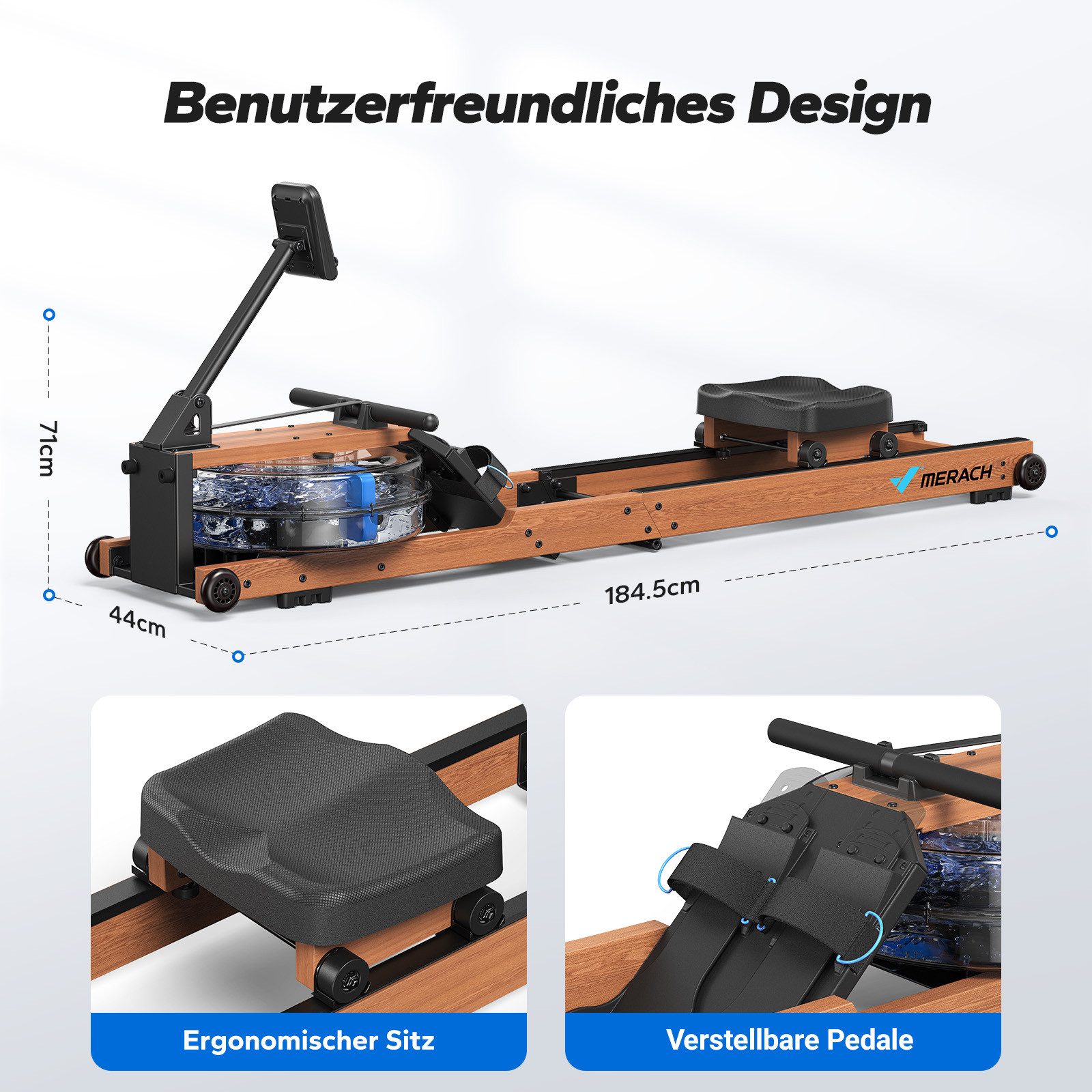 MERACH Rudergerät für Zuhause aus Massivholz, Klappbares Wasserrudergerät (Hochwertige Holzkonstruktion, Dual-Slide-Rail, Kompatibel Kinomap, mit Bluetooth exklusiver APP, interaktiven Karten Spiel, Tabletständer), Leicht zu Montieren, Belastbar bis 180kg, Grünes Fitnessgerät