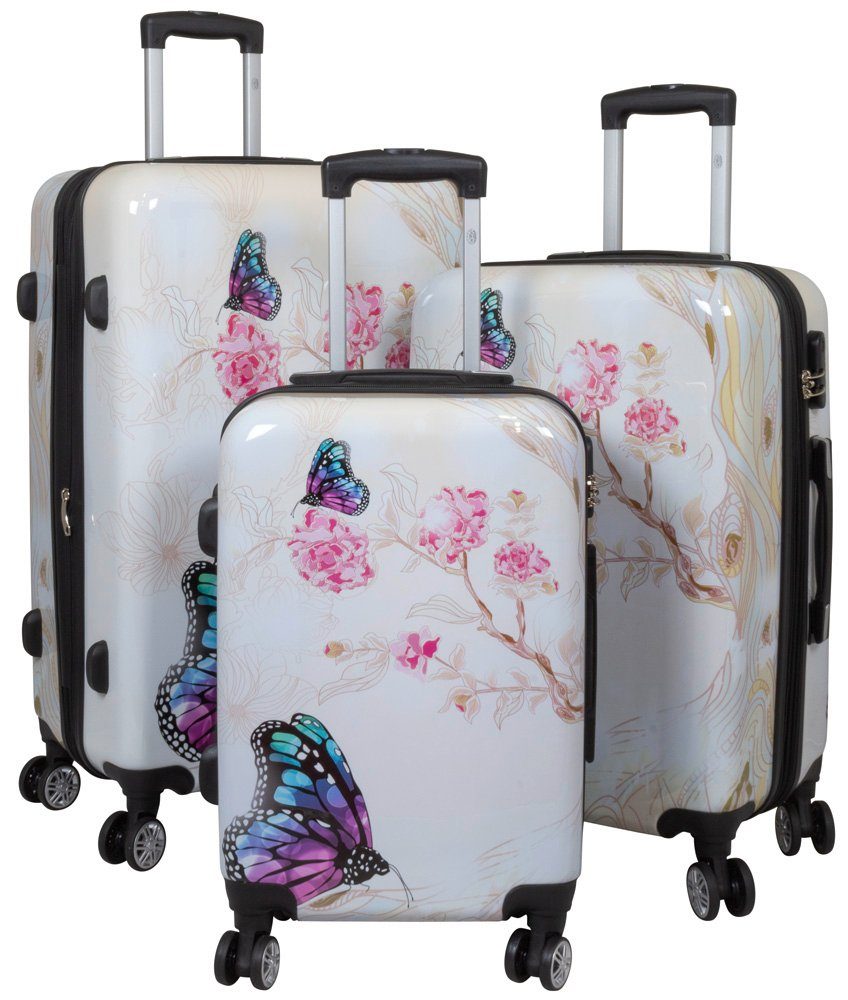 Trendyshop365 Hartschalen-Trolley Butterfly beige, bunter Reisekoffer mit Motiv, 3 Größen, 4 Rollen, Zahlenschloss, Dehnfalte, Schmetterling