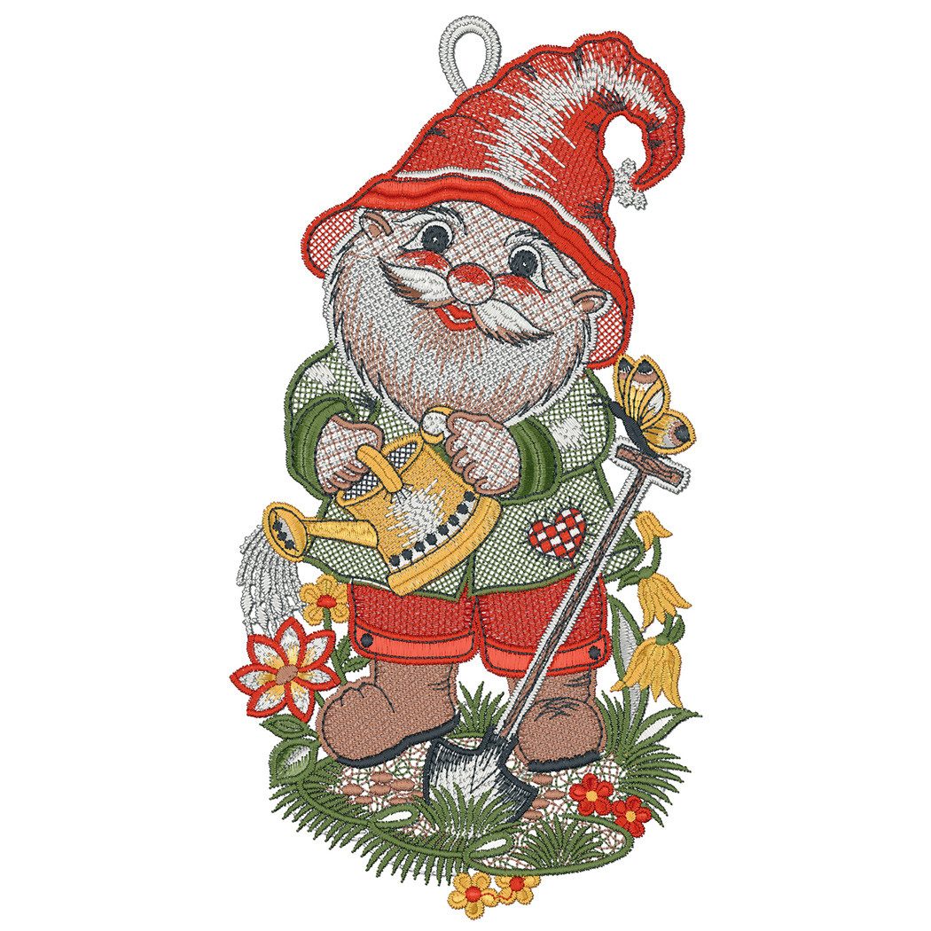 texpot Fensterbild Plauener Stickerei Gartenzwerg Gieskanne Sommer Saughaken, Saughaken