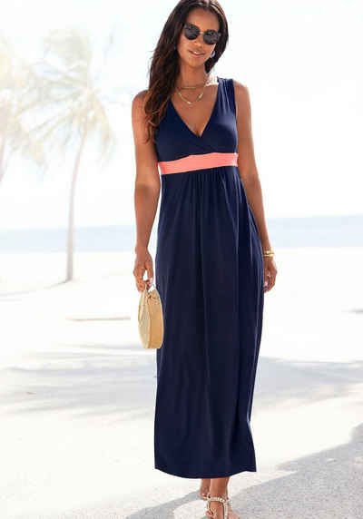 LASCANA Maxikleid mit farbigem Einsatz und V-Ausschnitt, Sommerkleid, Strandkleid