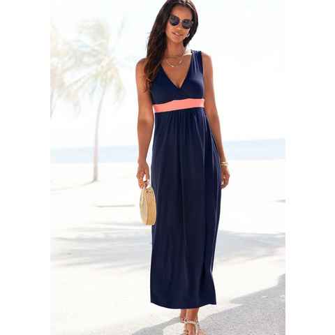 LASCANA Maxikleid mit farbigem Einsatz und V-Ausschnitt, Sommerkleid, Strandkleid