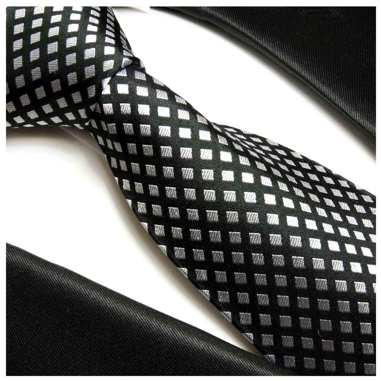 Seide 305 Schmal 2-St., (6cm), Krawatte modern kleine Krawatte mit Malone mit Tuch Einstecktuch) silber Karos 100% schwarz (Set, Paul Herren Seidenkrawatte