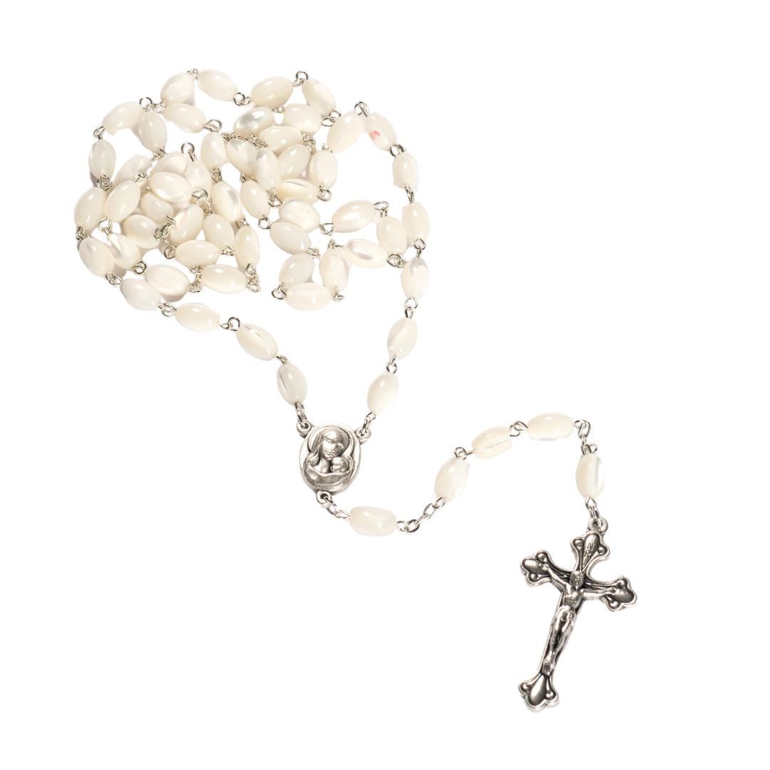 Kassis Kette ohne Anhänger Rosenkranz mit ovalen Perlen aus Perlmutt, handgemacht, aus Bethlehem, Gebetskette, Christlicher Schmuck