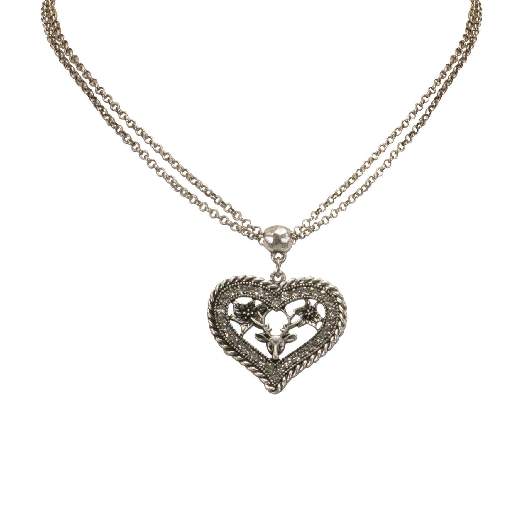 Alpenflüstern Collier Trachtenkette Strassherz-Hirsch (antik-silber-farben), - Damen-Trachtenschmuck mit Strass-Trachtenherz und Hirsch-Kopf mit Ge – Bild 3 von 4