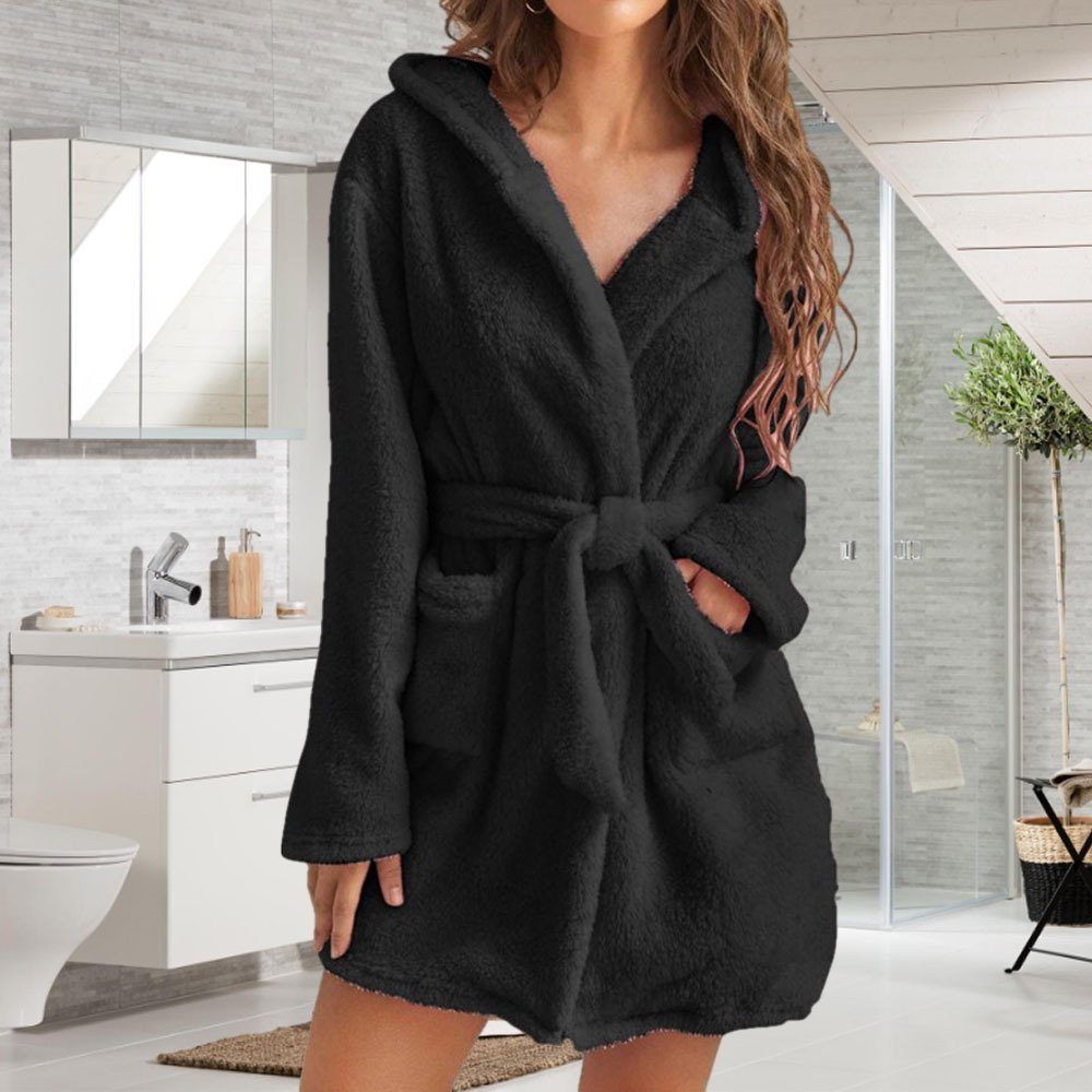 Blusmart Damenbademantel Damen-Handtuch-Bademantel Mit Bequem, 2 Taschen, Atmungsaktiv, Für black