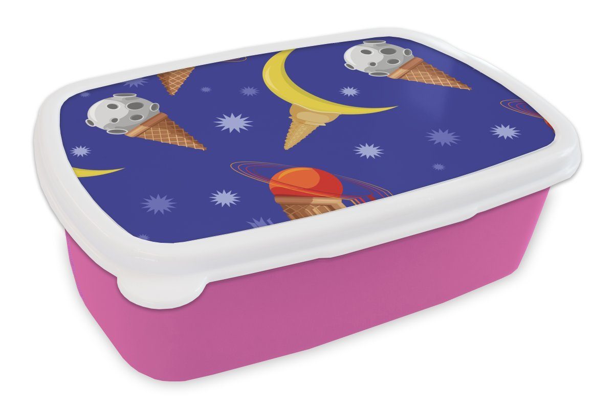 MuchoWow Lunchbox Planeten - Eiswaffeln - Muster, Kunststoff, (2-tlg), Brotbox für Erwachsene, Brotdose Kinder, Snackbox, Mädchen, Kunststoff rosa