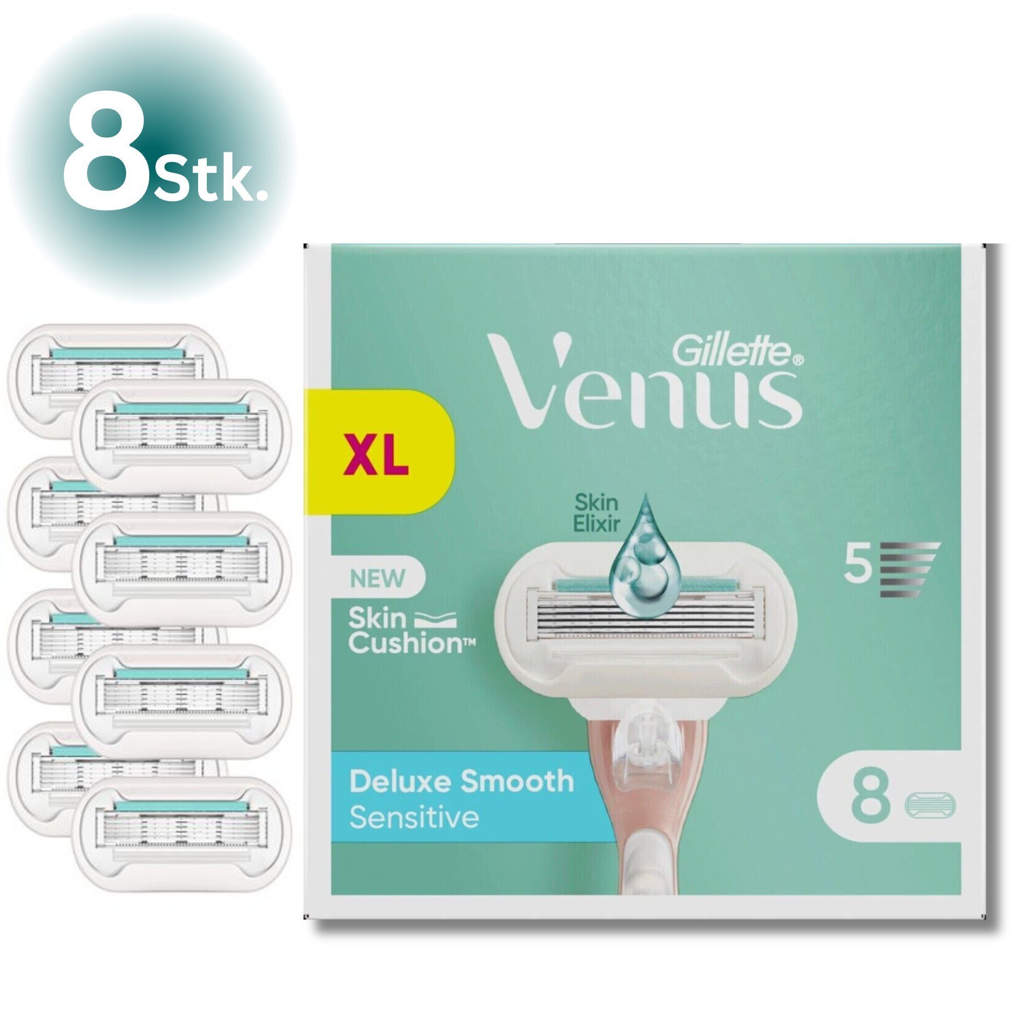 Gillette Venus Лезвия для бритвы Deluxe Smooth Sensitive 8 Лезвия для бритвы, Skin Cushion, SklinElixir für eine glatte & sanfte Haut, Verpackung recyclebar