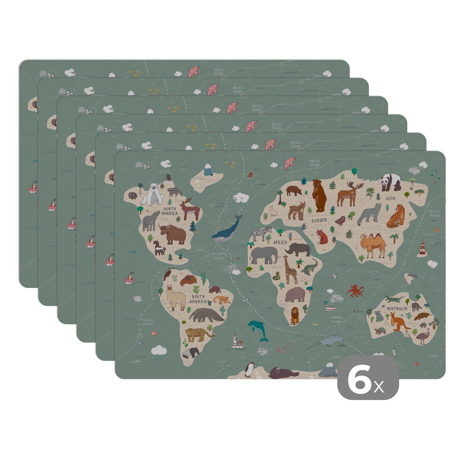 MuchoWow Platzset Erde - Weltkarte Kinder - Tiere - Jungen - Mädchen - Blau, (6-St), Platzsets, Tischset, Abwaschbar, Tischsets, Platzdeckchen