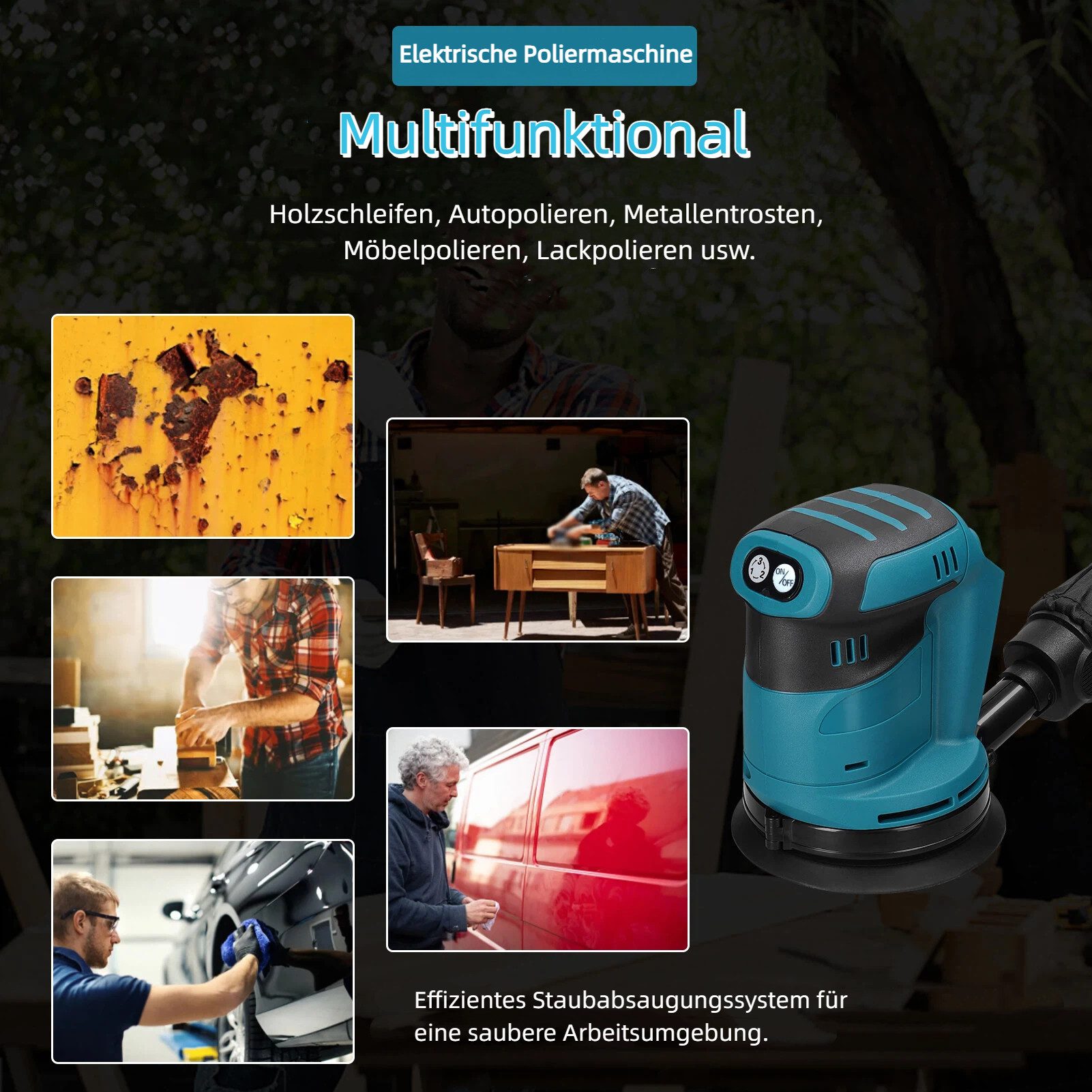 GARRYFIZH Multischleifer Akku-Exzenterschleifer 125mm, 18V kompatibel, 3-Gang, für Makita Akku, max. 11000 U/min, (Set), Geräuscharm, gute Haltbarkeit und lange Lebensdauer
