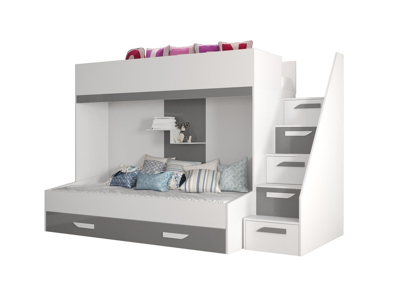 QMM TraumMöbel Hochbett Etagenbett "Paris 6" für 2 Kinder mit Schublade weiß (2 Liegeflächen) mit 2 Liegeflächen