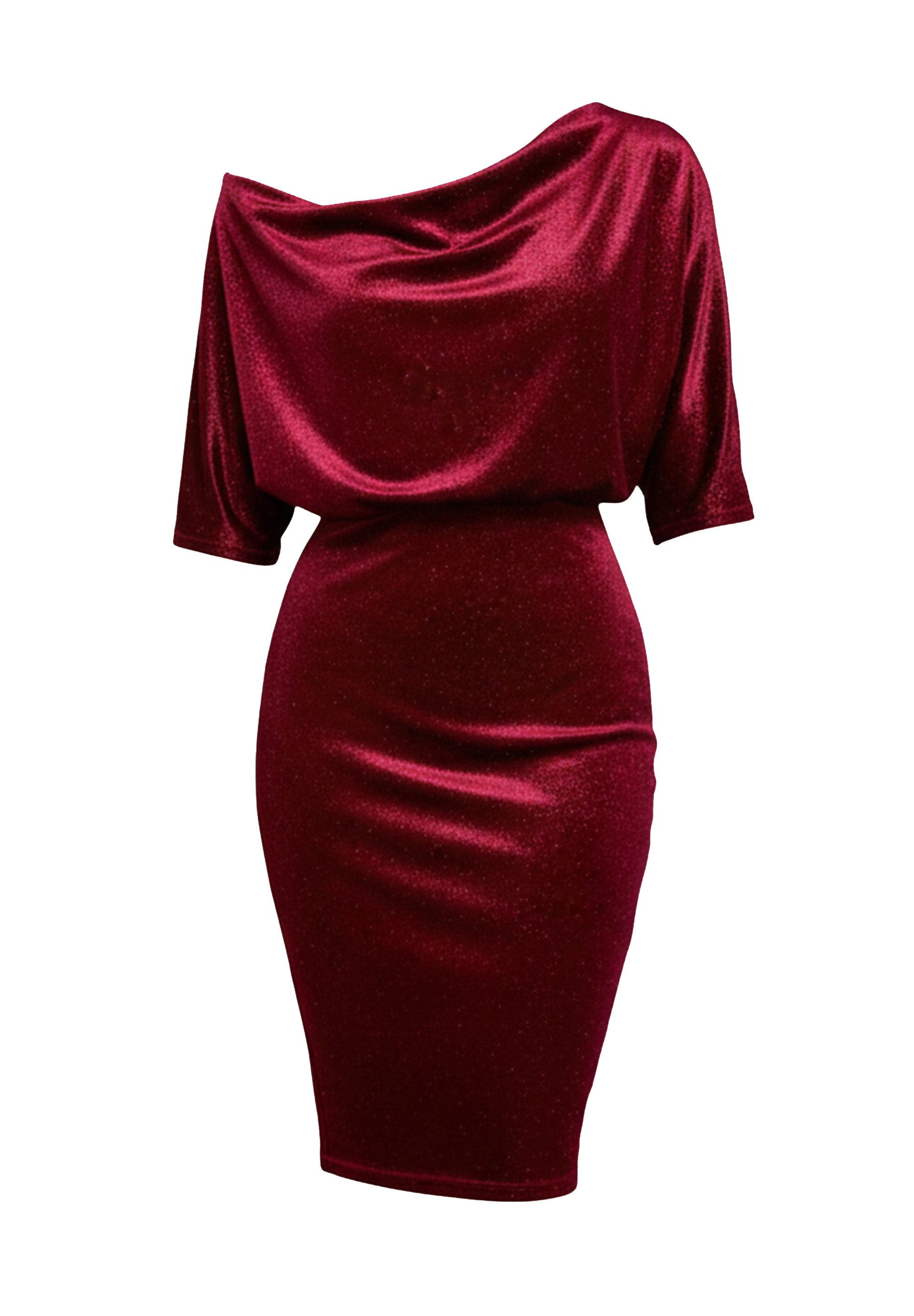 Goddiva Midikleid Glitter Velvet Cowl Neck Sheath Midi Dress Knielang, One Shoulder, 3/4 Ärmel