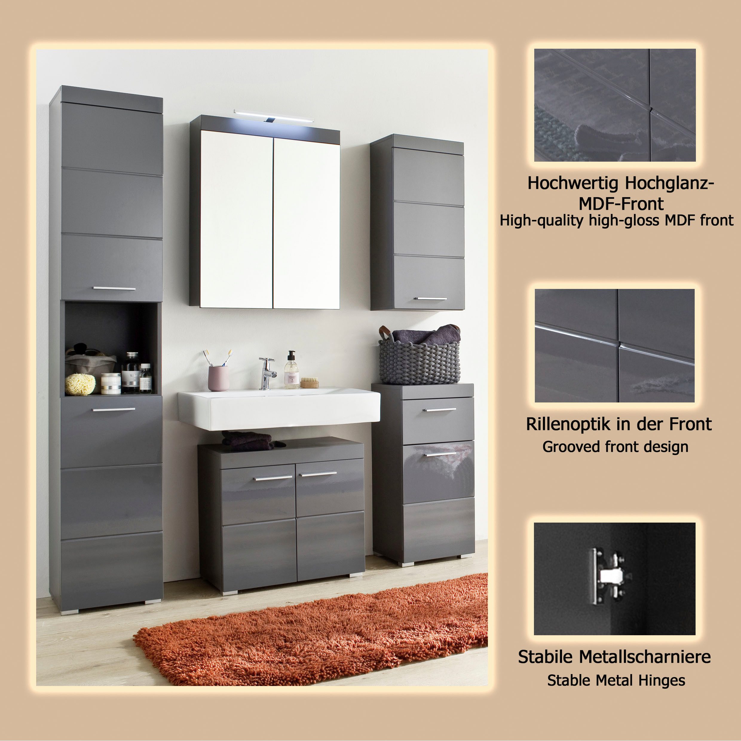 welltime Badmöbel-Set Avena, (Set, 5-St), Set: Hochschrank, Spiegelschrank, Waschbecken, Hänge & Standschrak