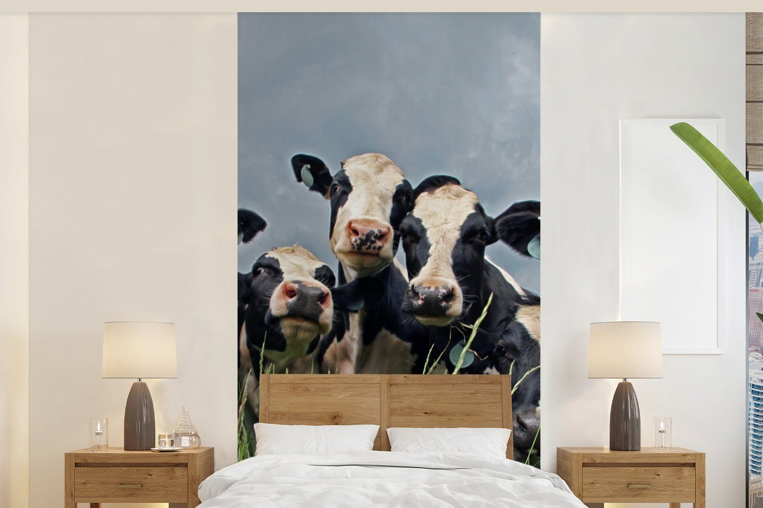 MuchoWow Fototapete Kuh - Wolken - Gras - Tiere, Matt, bedruckt, (2 St), Vliestapete für Wohnzimmer Schlafzimmer Küche, Fototapete