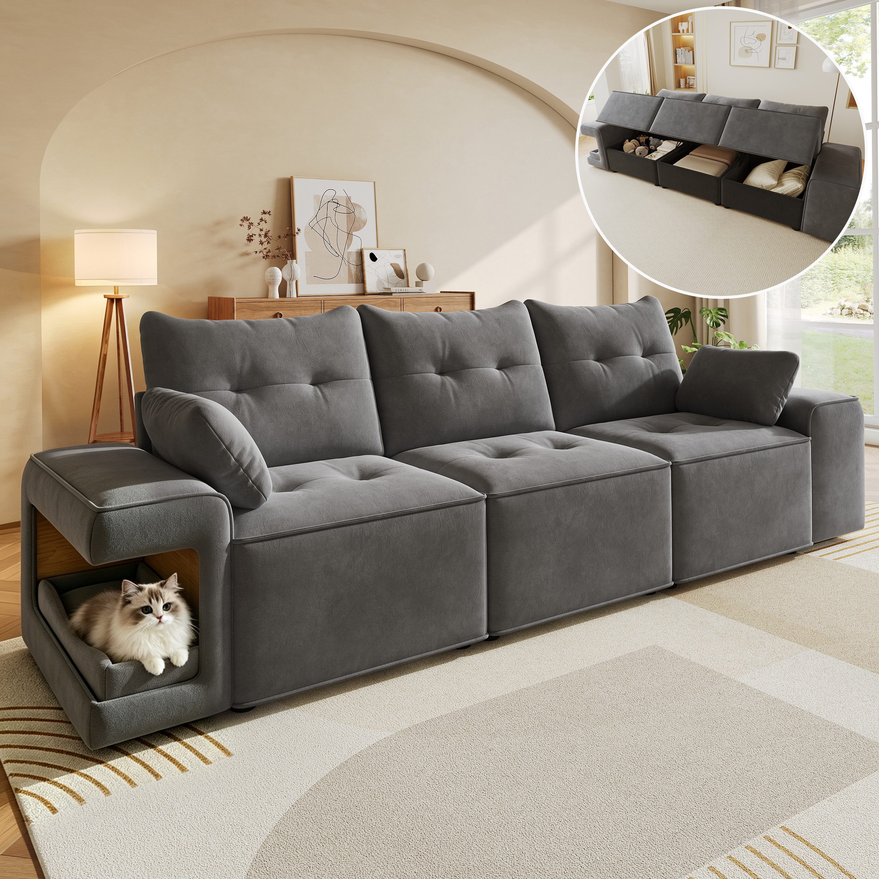 Flieks 3-Sitzer modulares Schlafsofa mit Stauraum & gepolstertem Haustierbereich, 229,5x78x84 cm, Cloud-Sofa Couch inkl. 2 Zierkissen Big-Sofa Samtstoff Beige