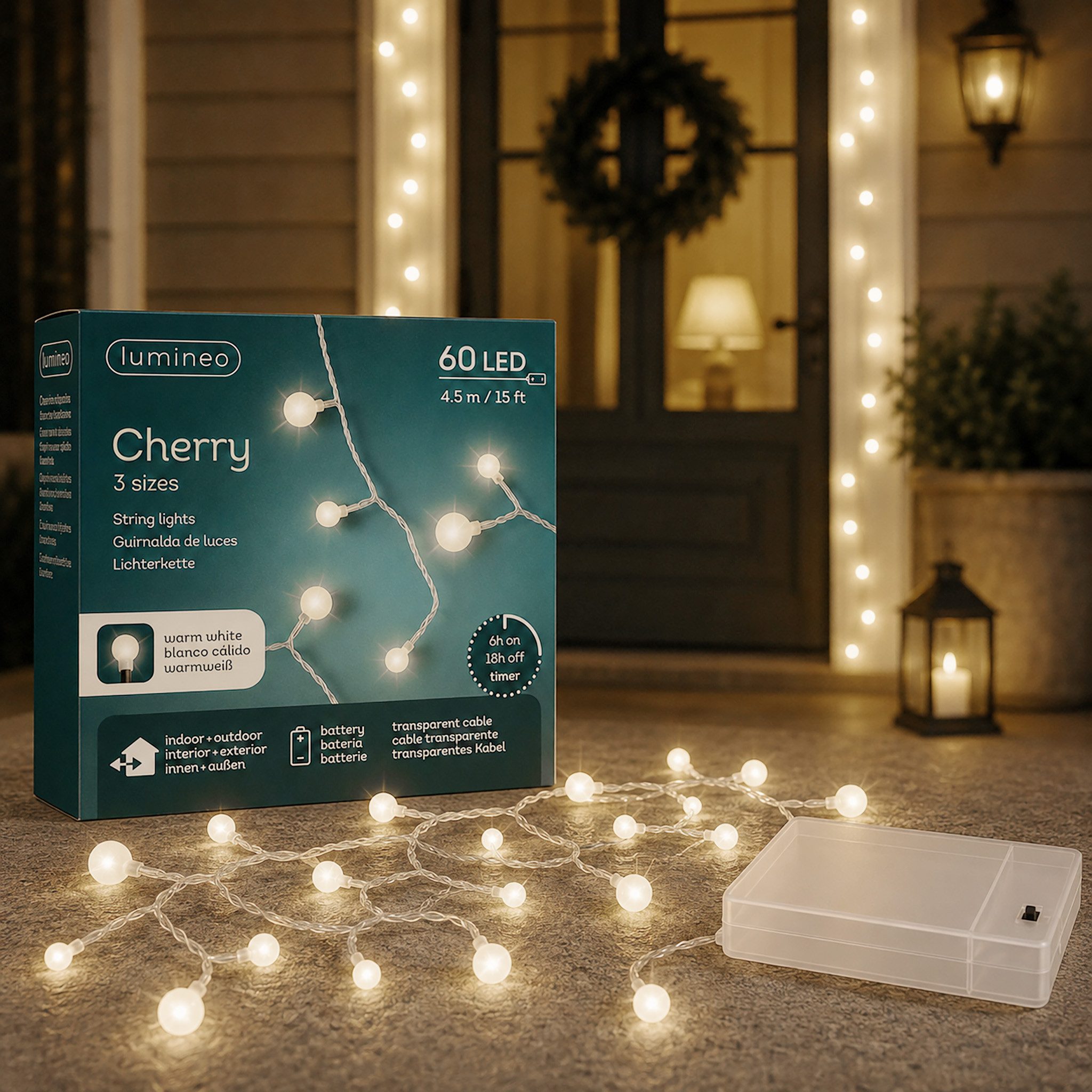 Lumineo LED-Lichterkette, LED Lichterkette Cherry 4,5m Batterie 60 LEDs Warmweiß / transparent