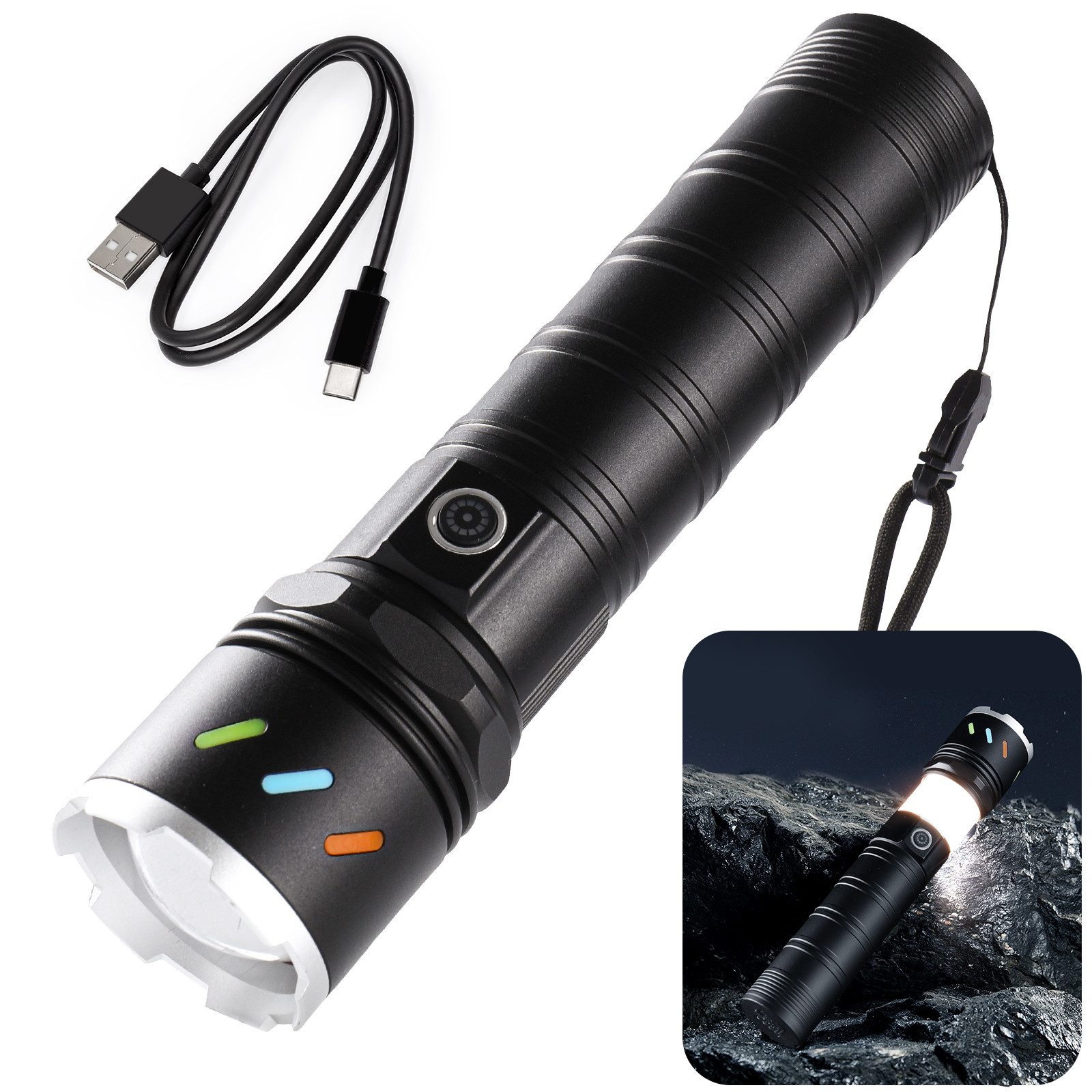 Taschenlampe LED-Taschenlampe mit Zoom, 5 Modi, Teleskop-Kopf, fluoreszierend