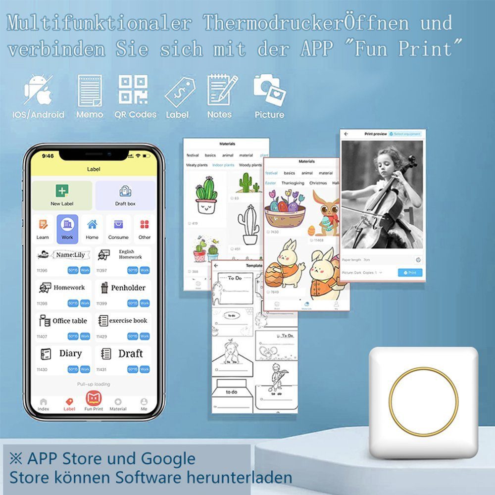 Mini-Thermodrucker Bluetooth – Tragbarer Fotodrucker Mit 10 Rollen Papier, Für Memos, Etiketten & Fotos, IOS/Android