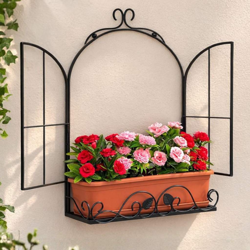 DanDiBo Blumenkasten Wandblumenhalter Fenster Schwarz Metall Wand Blumenständer Blumenregal, Eckig