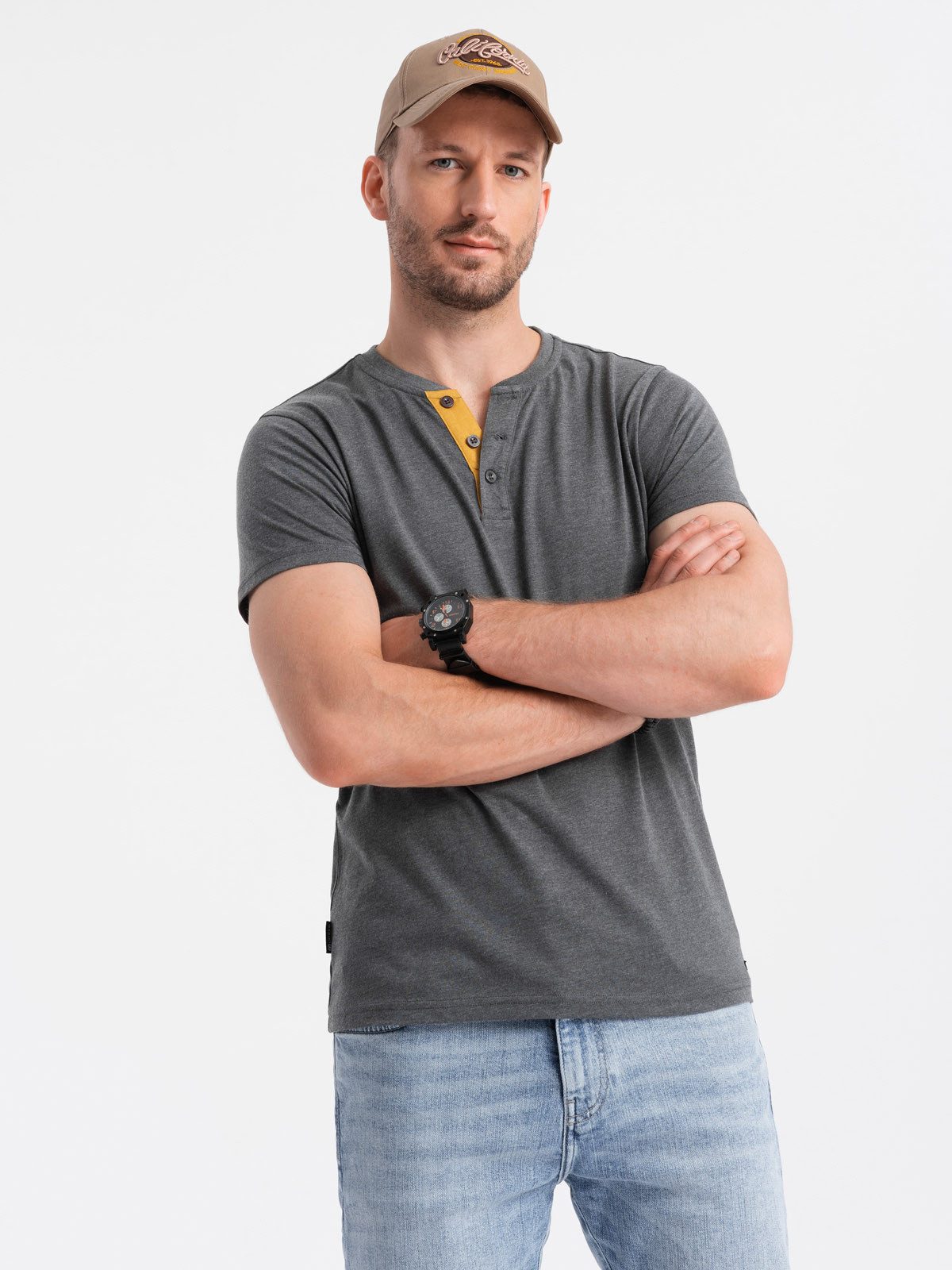 OMBRE T-Shirt Herren-T-Shirt mit rundem Henley-Ausschnitt günstig online kaufen