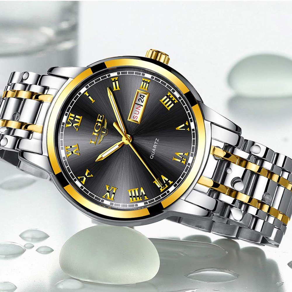 GelldG Uhr Business Schwarz Wasserdicht Sportuhr Mode analog Gold, Uhrenarmband Uhren Quarz mit