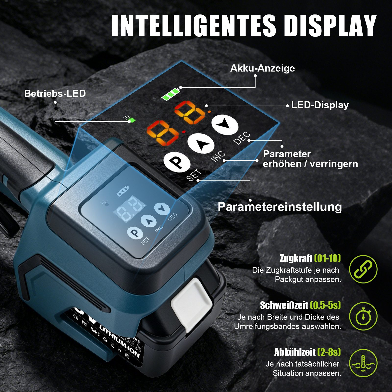 XIIW Elektrowerkzeug-Set Elektrische Umreifungsgerät 3500N mit 2×5Ah Akkus & LCD PET/PP 10–16mm, Set, 10-tlg., Automatische Umreifungsmaschine mit Bürstenloser Motor, Packwerkzeug für Boxen und Paletten