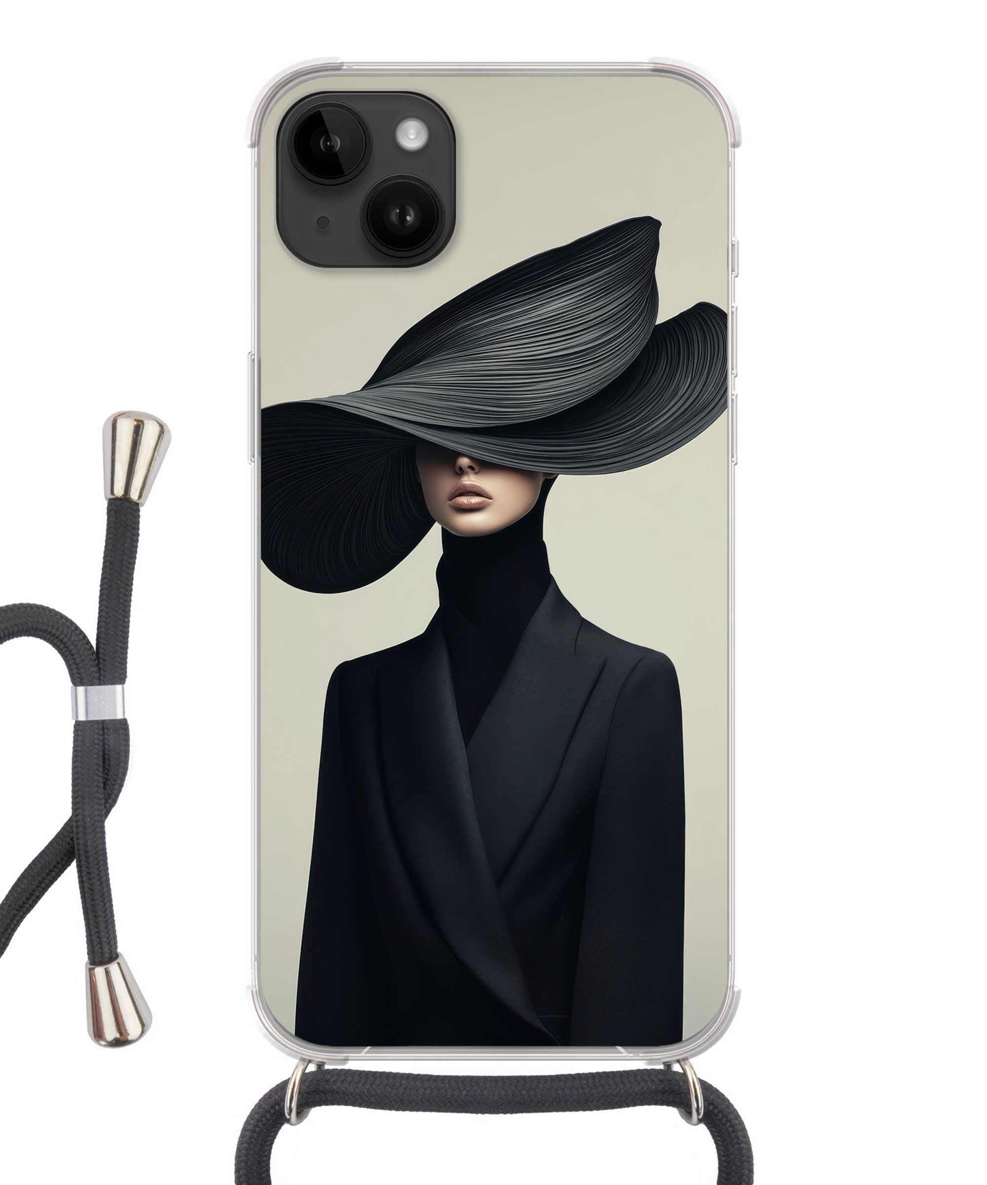 MuchoWow Handyhülle für Apple iPhone 14 Max Schwarz - Frau - Hut, Tragbare Handyhüllen mit Kette zum umhängen, Handykette Handyband