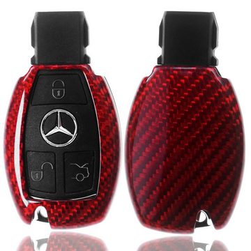 T-Carbon Schlüsseltasche Auto Schlüssel Carbon-Optik Schutz Hülle Rot, für Mercedes Benz C207 A207 C292 CL203 C117 Smartkey
