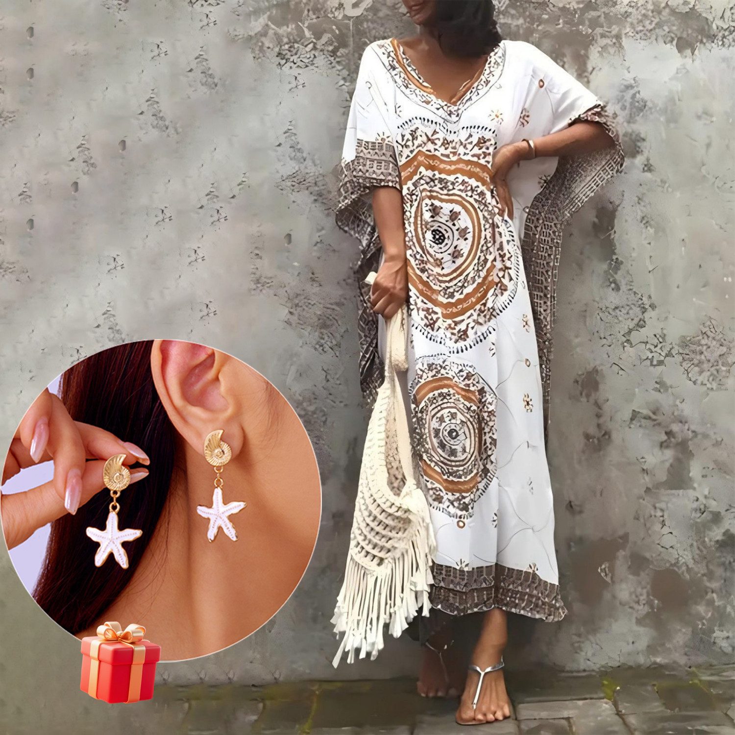 MOPUEA Strandkleid Boho Strandkaftan Ethno Print Sommerkleid aus Viskose (Boho Strandkaftan im Ethno Stil, Luftiger Sommer Kaftan mit Ethno Muster) Atmungsaktiv locker leicht hautfreundlich und luftig