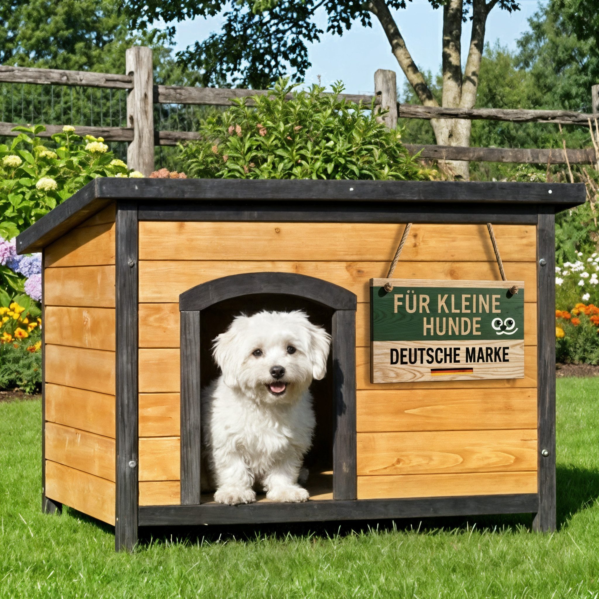 Zooprinz Hundehütte Carlo auf Holzfüßen mit Kunststoffkappen, Bitumen Klappdach, wetterfestes Kiefernholz, für kleine Hunde