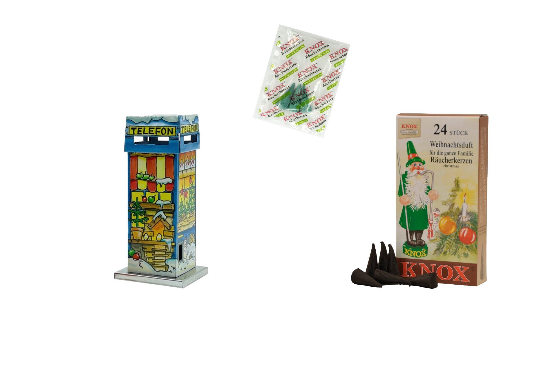 KNOX Räucherhaus Telefonzelle - Hühnerstall - Inklusive 24 Räucherkerzen Weihnachten, aus Metall - mit Probeduft - Dekoration für winterliche Stimmung