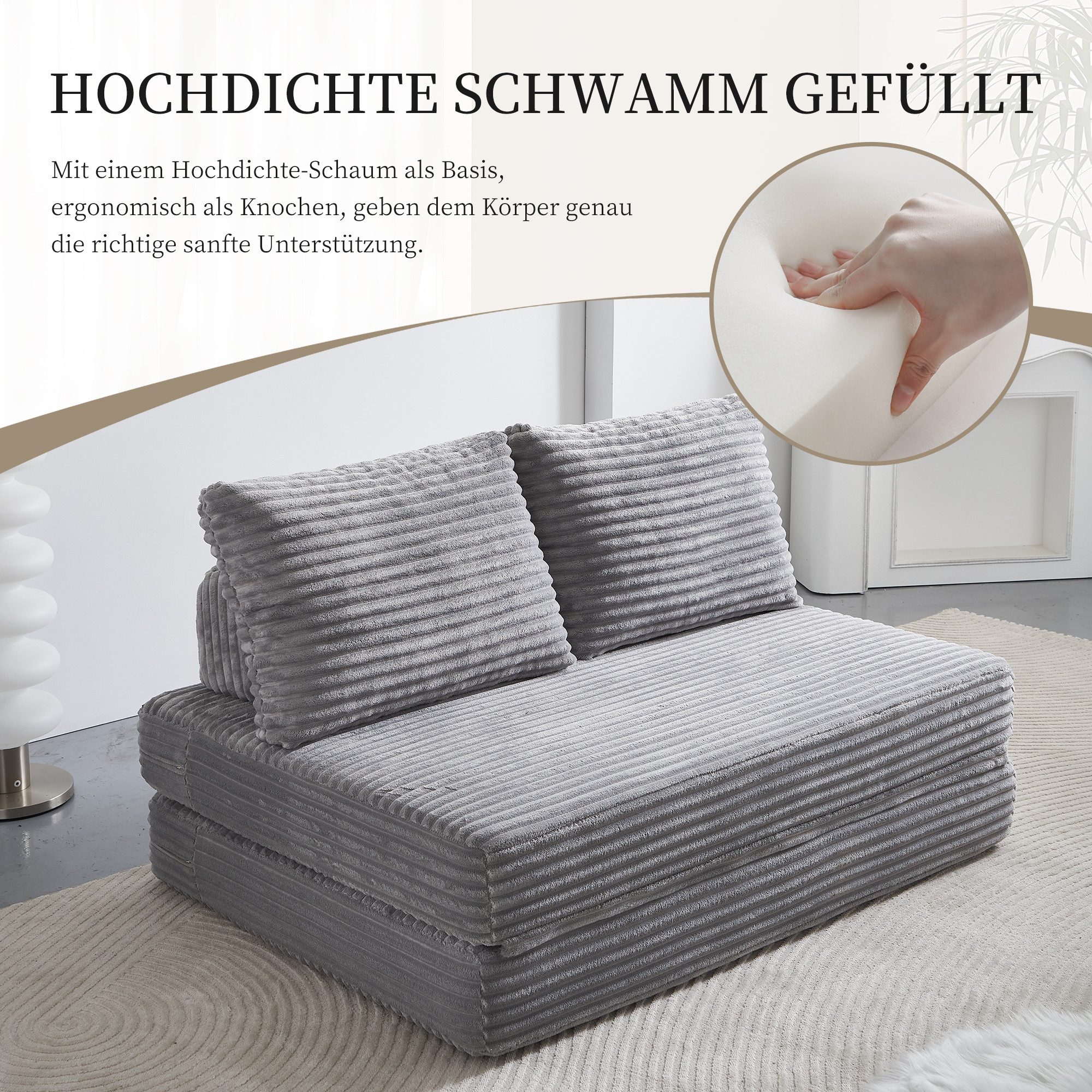 MODFU Schlafsofa Sofort nutzbar als Couch oder Gästeliege, Helles graues Sofabett aus Satin, kein Gestell nötig 1 Teile, Perfekt für kleine Wohnungen, Schlaf- und Arbeitszimmer