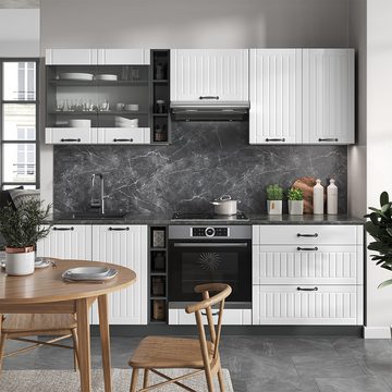 Livinity® Küchenzeile Fame-Line, Weiß Landhaus/Anthrazit, 235 cm, AP Marmor