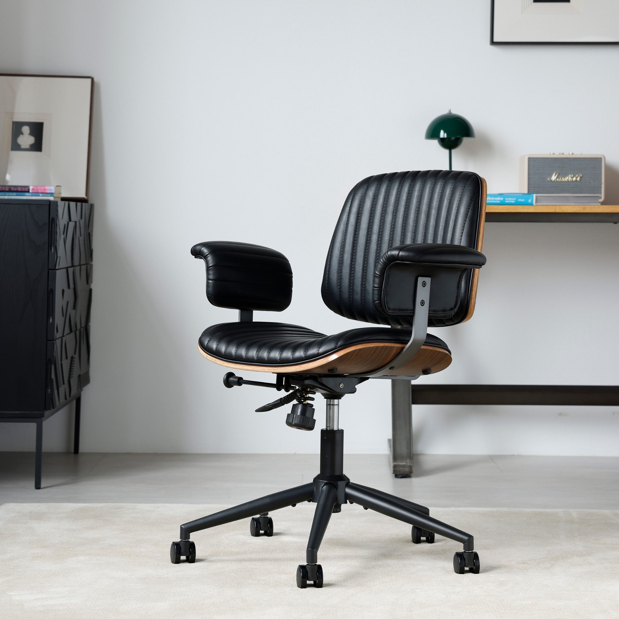 SeedWave Bürostuhl Ergonomischer Drehstuhl Wippbar mit Gebogener Holzschale & Armlehnen, Industrial Design, Kunstleder Home office chair mit leisen Rollen