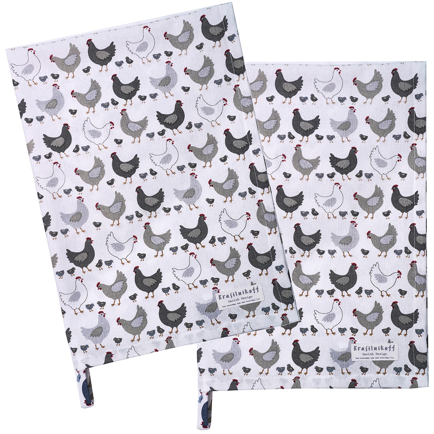 Krasilnikoff Geschirrtuch Chickens, (2-tlg., 2-teilig), Geschirrtücher ca.50x70cm Baumwolle