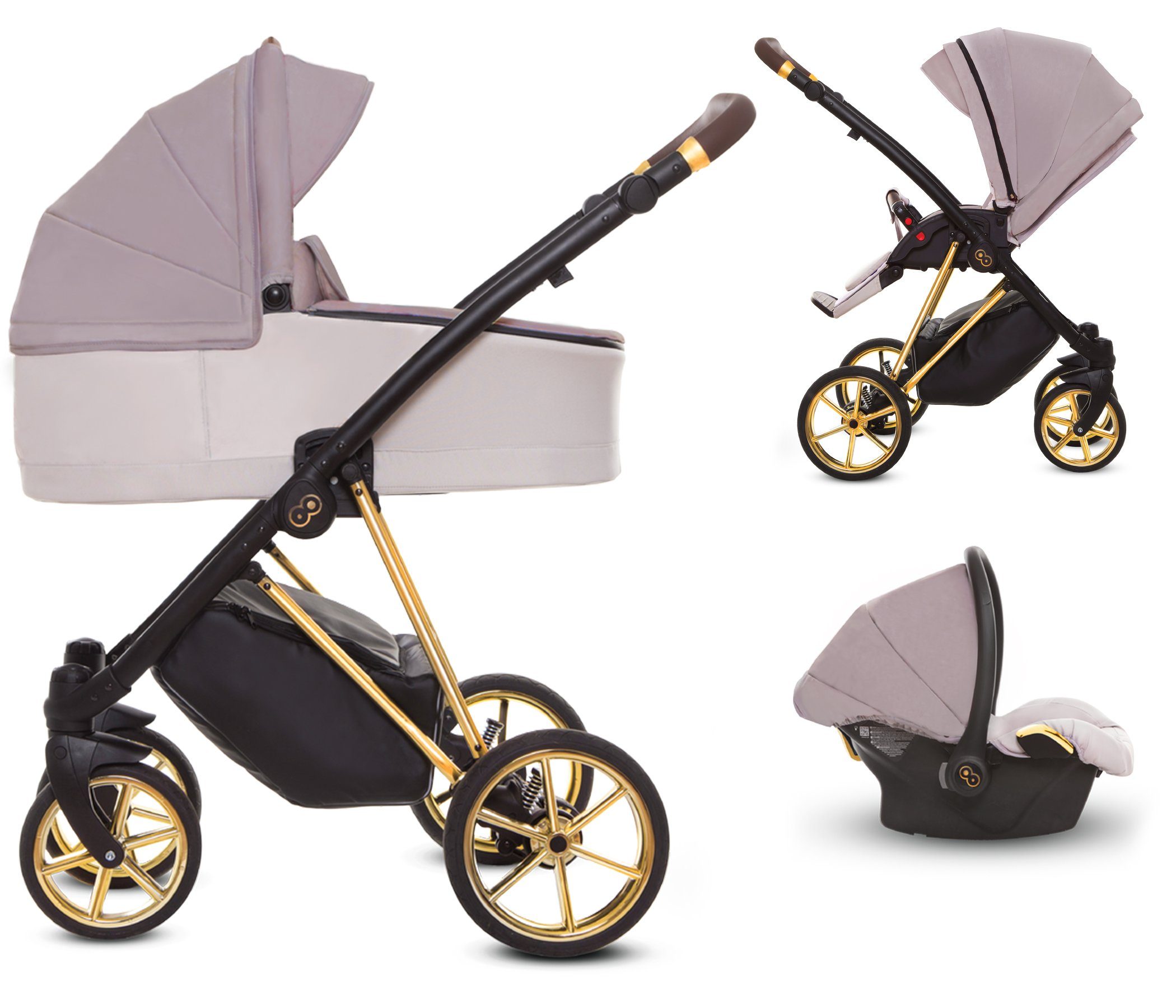 TPFLiving Kombi-Kinderwagen 3 in 1 Musse Ultra, Baby Buggy Babywanne Autositz, großes Zubehör-Set Kinderwagen 3 in 1 Stoff Pastell, Gestell Gold Pastel | Gestell Gold | Kombikinderwagen