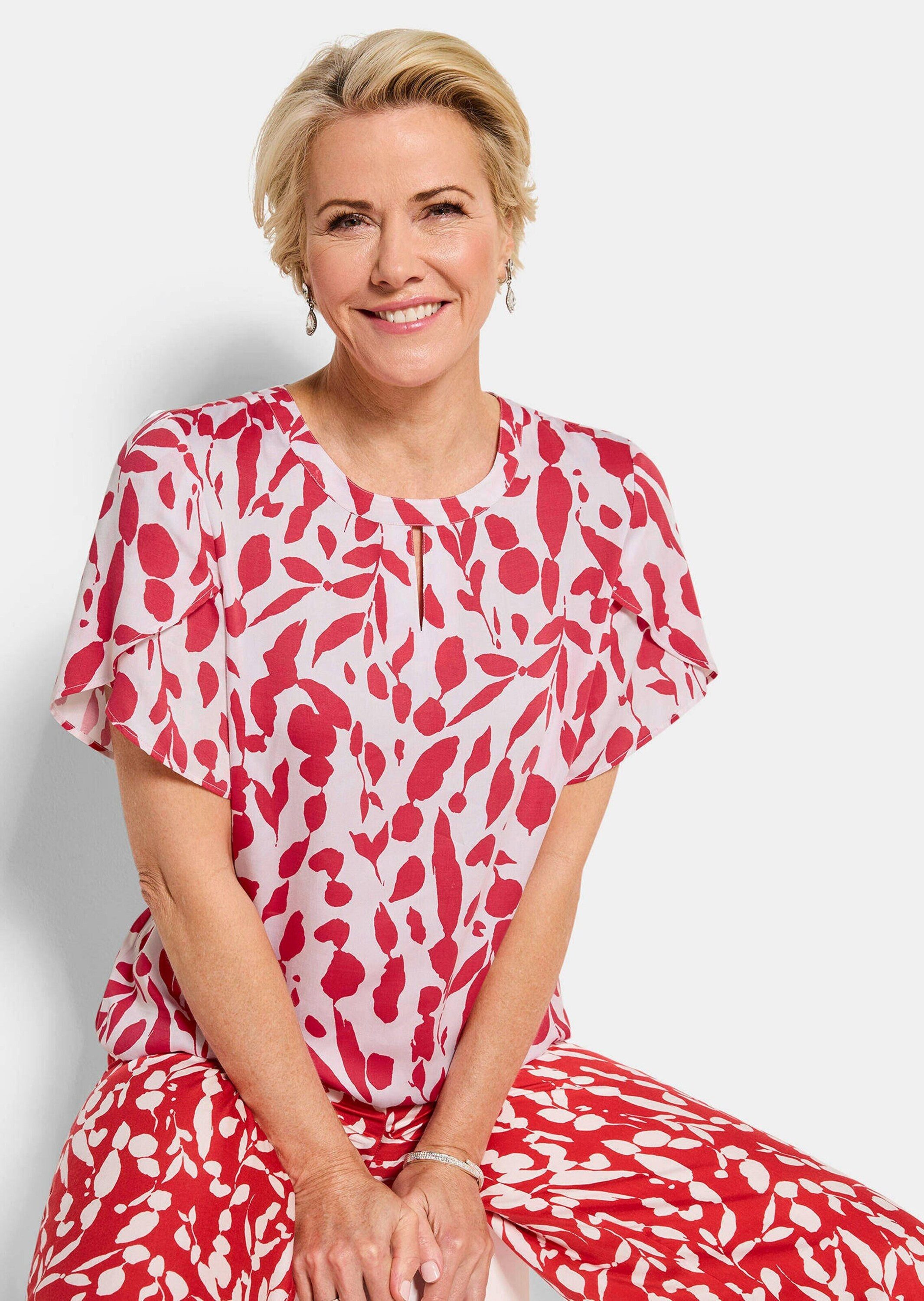 GOLDNER Klassische Bluse Viskosebluse mit Tulpenärmeln Schlupfbluse mit Rundhals mit Schlitz, Gummibund und Halbarm