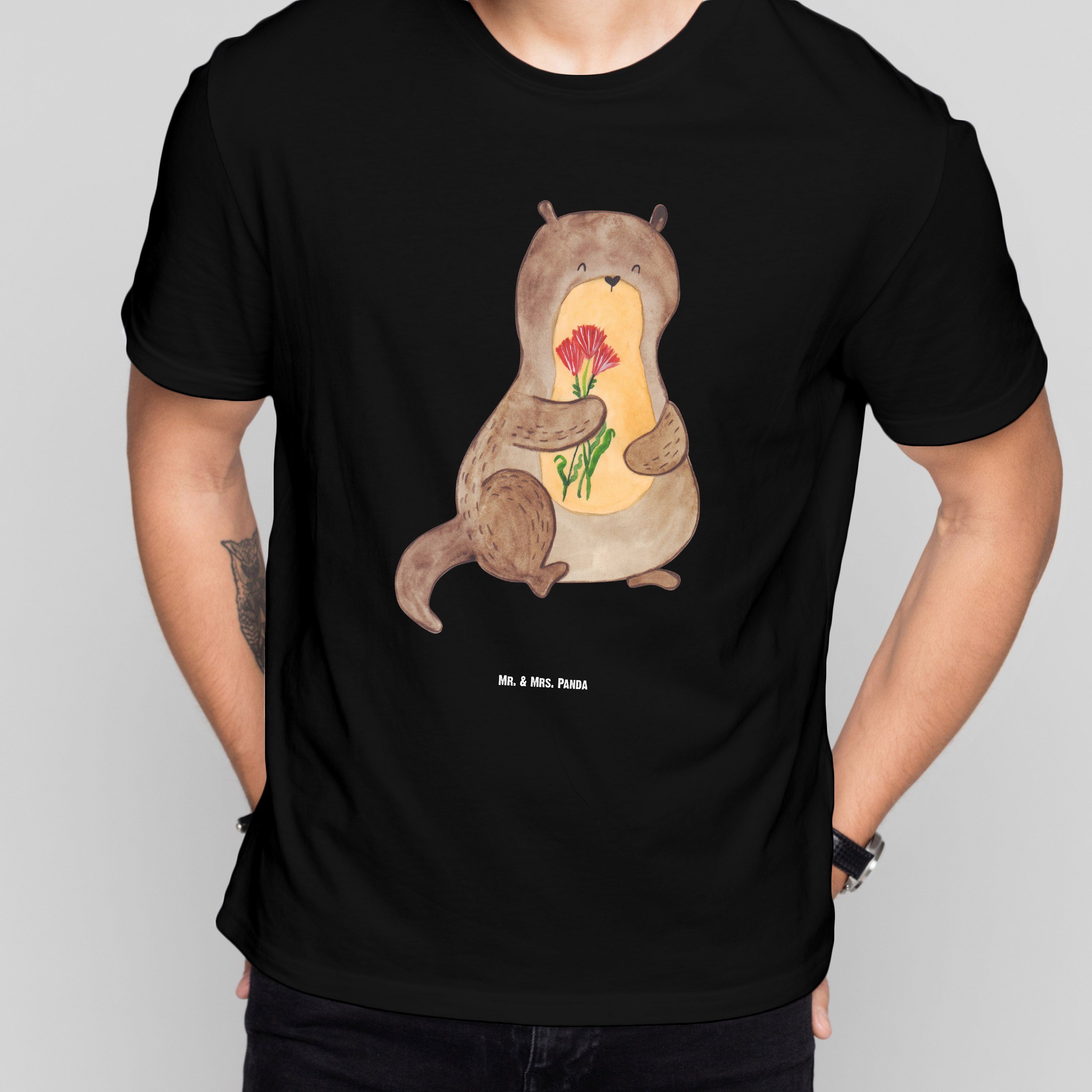 Mr. & Mrs. Panda T-Shirt Otter Blumenstrauß, Tshirt, Schwarz, Seeotter, Blumenstrauß, T-Shirt, (Packung) Großes T-Shirt Süß Übergrößen Herren T-Shirt