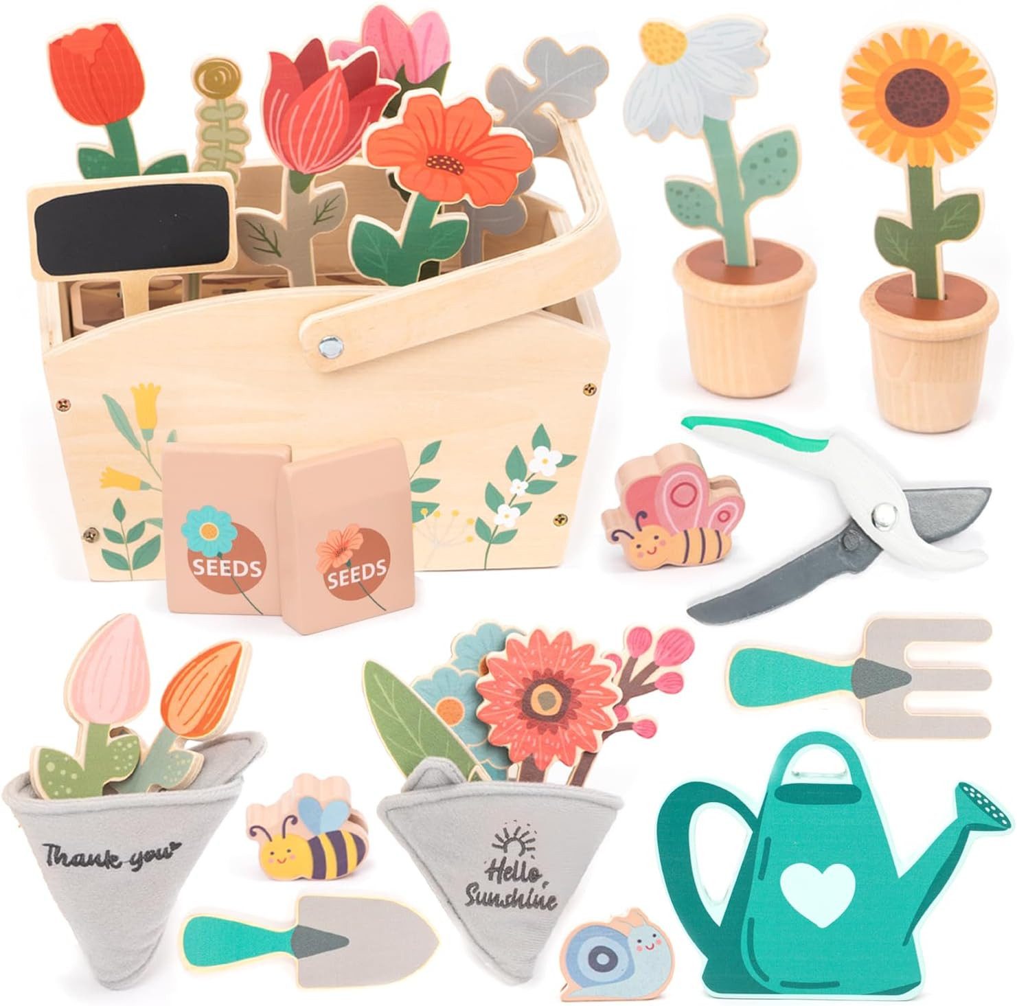 Esun Spielzeug-Gartenset Garten-Set aus Holz für Kinder mit Zubehör, Gartenspielzeug für Kinder, (Set, 30-tlg., Komplettset), mit Gießkanne, Schaufel, Harke - ab 3 4 5 6 Jahren